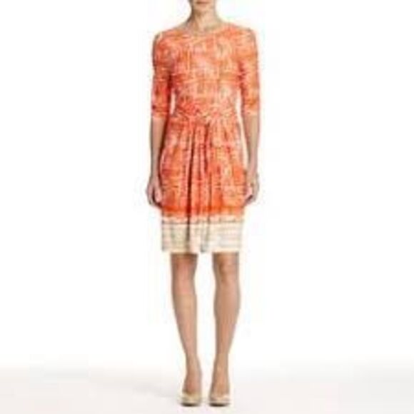 Jones New York Size 8 Tie Waist Midi Dress Orange Cross Hatch Print Fall Modest - Picture 1 of 16